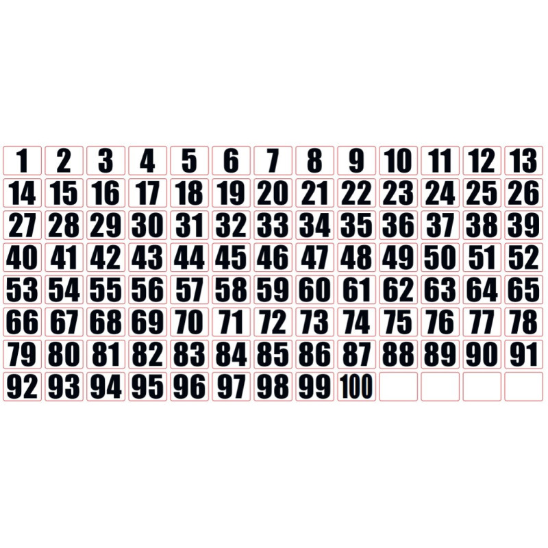 Planche autocollants - numéro 1 à 100